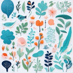 A collection of seamless pattern, colorful abstract plants and flowers. Hand drawn Collection of leaves and flowers. A close up of a pattern of flowers and leaves.
