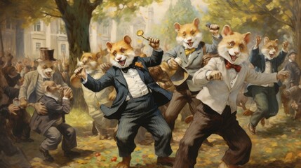 A painting of a group of anthropomorphic rabbits playing instruments. The mood of the painting is lighthearted and fun