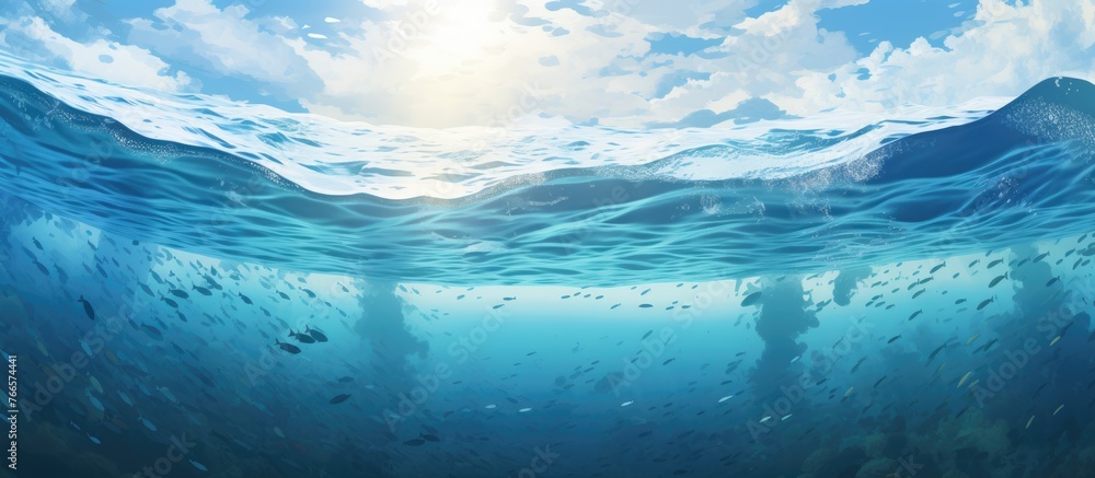 Poster underwater view of the azure ocean with sunlight filtering through the fluid water, creating a mesme