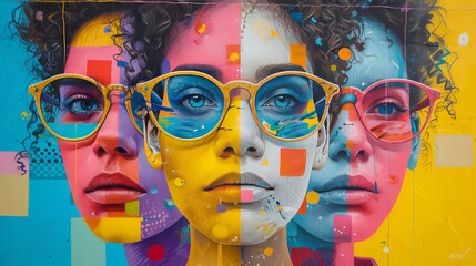Obraz premium Striking street art mural of vibrant, stylized faces with oversized spectacles, reflecting a fusion of urban culture and bold artistic expression.