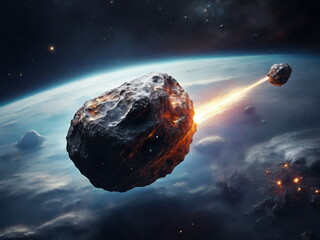 A huge meteorite flying in space. A stony asteroid in the atmosphere. The threat of collision of celestial bodies with the planet earth. - obrazy, fototapety, plakaty