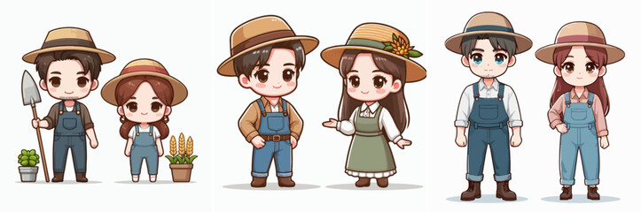 Set of cute farmer Vector illustrations in flat design style