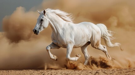 Obraz na płótnie Canvas White Horse Running in Desert Dust