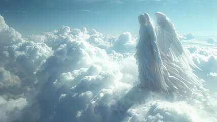 A lone angel with flowing white wings stands serenely on a cloud platform overlooking a breathtaking vista of heaven ,generative ai - obrazy, fototapety, plakaty