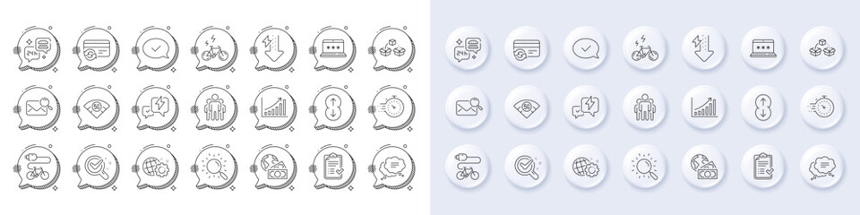 Timer, Graph chart and Laptop password line icons. White pin 3d buttons, chat bubbles icons. Pack of Change card, E-bike, Group icon. Energy drops, Scroll down, Seo gear pictogram. Vector - obrazy, fototapety, plakaty