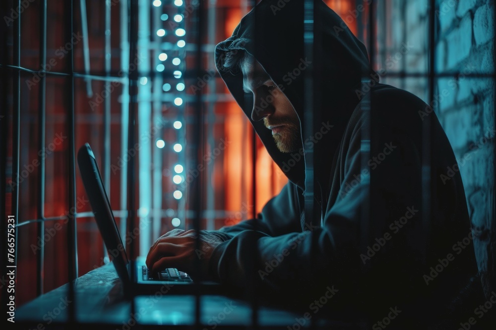 Poster a man is typing on a laptop in a dark room. prisoner hacker in prison