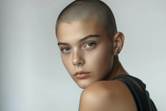 A woman with a nose piercing and a shaved head