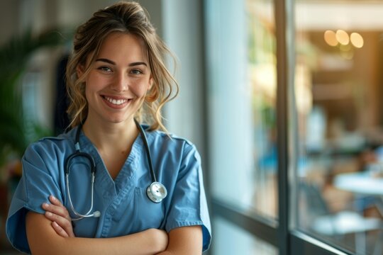 A woman in a blue scrubs is smiling and posing for a picture