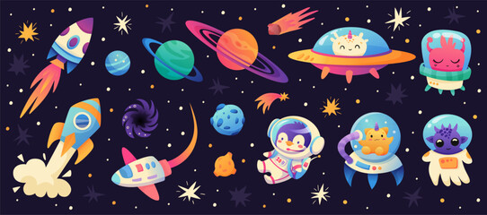 Space cartoon set with astronaut penguin, Aliens, Spacecraft, Planets on space background. Galaxy Adventure. Vector illustration. © Foxelle