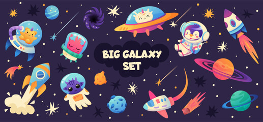 Space cartoon set with astronaut penguin, Aliens, Spacecraft, Planets on space background. Galaxy Adventure. Vector illustration. © Foxelle