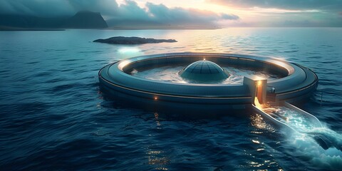 Innovative Tidal Power Plant project utilizing ocean tides for renewable energy featuring advanced technology. Concept Renewable Energy, Tidal Power Plant, Ocean Technology, Innovation - obrazy, fototapety, plakaty