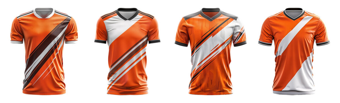 set of orange sports t-shirts with black and white abstract patterns front view, generative ai