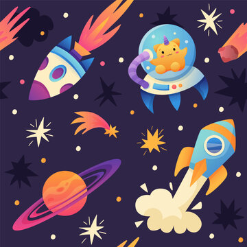 Space cartoon set with astronaut penguin, Aliens, Spacecraft, Planets on space background. Galaxy Adventure. Vector illustration.