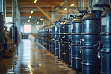 Stainless steel milk storage tanks in dairy factory - obrazy, fototapety, plakaty