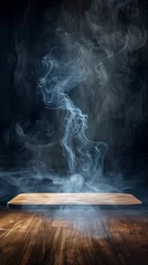 Fototapeten For a product display that exudes class, this image presents an empty wooden table with a smooth, reflective finish, over which smoke curls languidly  © MuhammadAshir