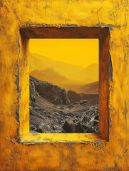 Abstract yellow frame of a dirty wall showcasing a mountainous view.
