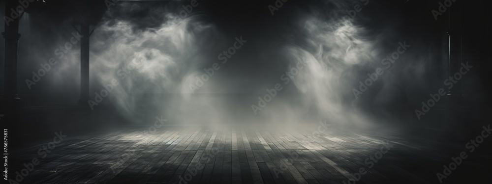 Poster empty dark room with smoke and fog on the floor. studio room with smoke float up for product display