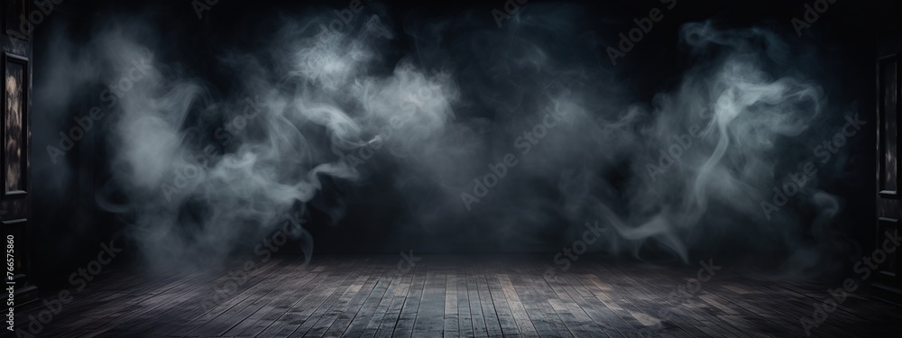 Poster empty dark room with smoke and fog on the floor. studio room with smoke float up for product display