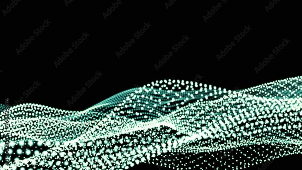 Poster waves of white and blue particles dots seamless loop. 3d animation