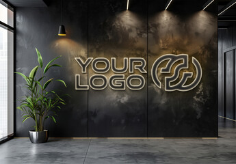 Backlit Logo Mockup On Office Wall With Glowing Effect. Generative Ai