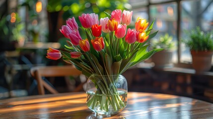 Colorful Tulips in Vase on Wooden Table