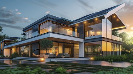 Future-Ready Eco Home: A Pinnacle of Sustainability Featuring Solar Energy Harvesting and Efficient Heat Pump Technology. - obrazy, fototapety, plakaty