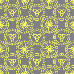 seamless celtic pattern of yellow round elements on a gray background, texture, design