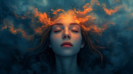 Surreal portrait of a woman underwater with flames for hair, blending the elements of fire and water into a mesmerizing, dream-like vision