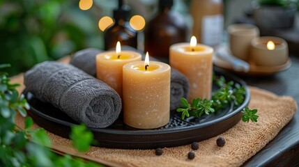 Tray With Candles and Towels on Table