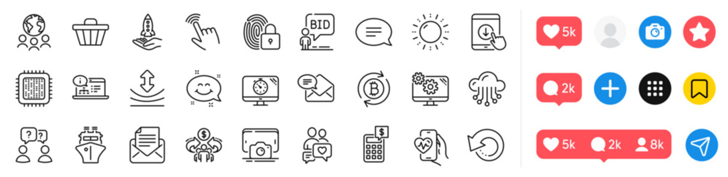 Cloud storage, Sun energy and Calculator line icons pack. Social media icons. Crowdfunding, Cardio training, Sharing economy web icon. Global business, Scroll down, Auction pictogram. Vector