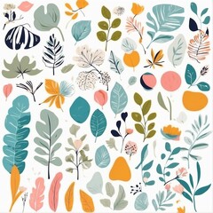 A collection of seamless pattern, colorful abstract plants and flowers. Hand drawn Collection of leaves and flowers. A close up of a pattern of flowers and leaves.

