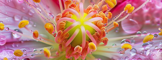Macro Shot of a Dew-Kissed Flower with Vibrant Stamen
