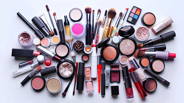 many cosmetics products for makeup on white background