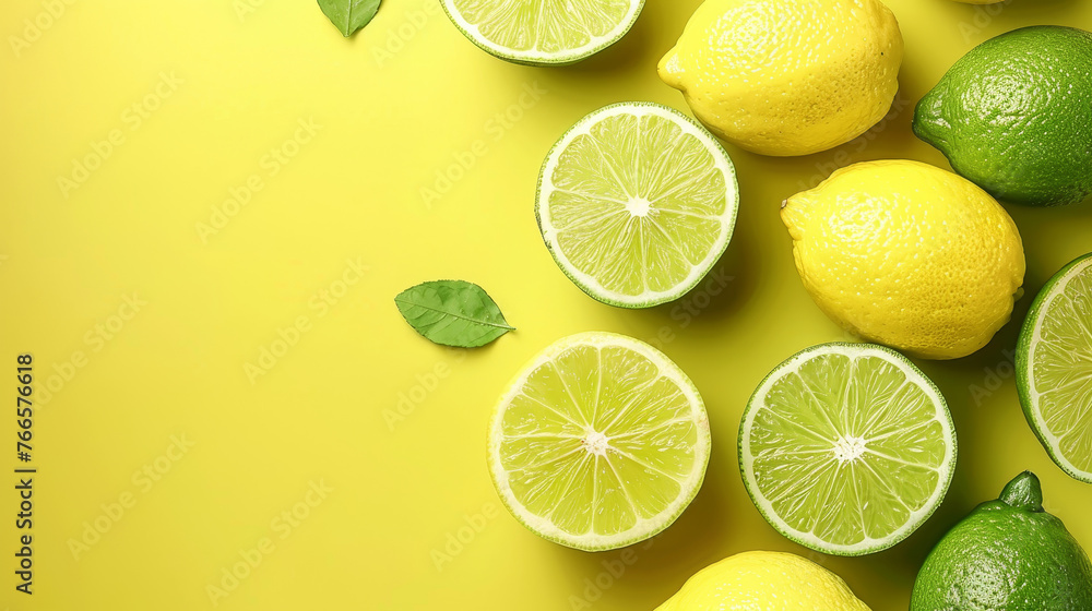 Canvas Prints Freshly cut lemons and limes arranged with green leaves on a sunny yellow backdrop, evoking a zestful summer vibe.