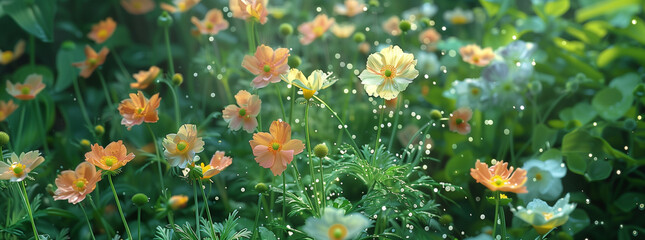 Fototapeta na wymiar Dew-Kissed Wildflowers Basking in Morning Light 