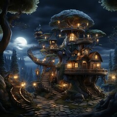 Magical fantasy fairy tale scenery of a tree house at night in a forest -