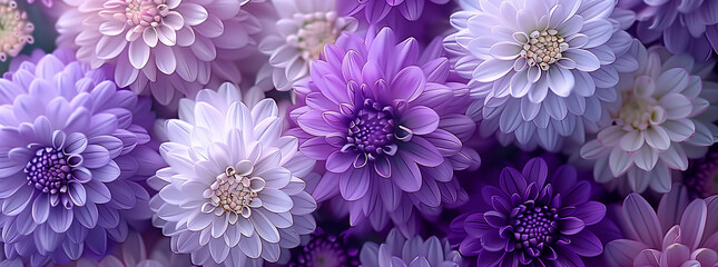 Cluster of Purple and White Chrysanthemums in Full Bloom
