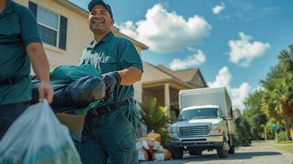 Junk removal employees removing items, clutter, bags of trash, and furniture from a house load into truck. Generative AI.