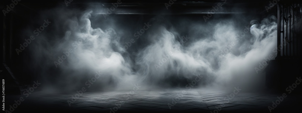 Aufkleber empty dark room with smoke and fog on the floor. studio room with smoke float up for product display