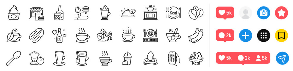 Restaurant app, Coffee beans and Teacup line icons pack. Social media icons. Ice cream, Cafe creme, Whiskey glass web icon. Coffee shop, Chef, Ice cream milkshake pictogram. Vector