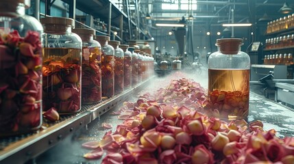 A perfume factory, with several water distillers, various rose petals in a large glassware. Generative AI. - obrazy, fototapety, plakaty