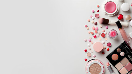 many cosmetics products for makeup on white background