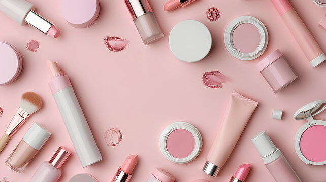 many cosmetics products for makeup on pink background