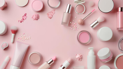 many cosmetics products for makeup on pink background