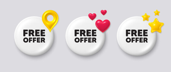 Free offer tag. White button with 3d icons. Special offer sign. Sale promotion symbol. Free offer button message. Banner badge with map pin, stars, heart. Social media icons. Vector