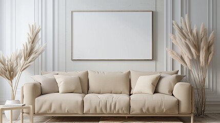 High Definition Mock-Up of a Blank Horizontal Poster Frame in a Scandinavian Inspired Living Room.
