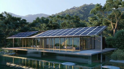 Innovative Green House with Solar Panel Array and Integrated Heat Pump for Sustainable Heating and Cooling.