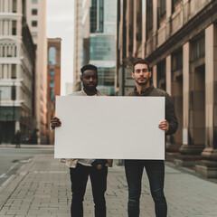 Generative AI: racial harmony guys holding a blank placard - obrazy, fototapety, plakaty