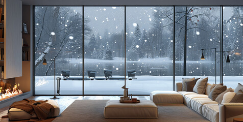 A cozy living room with floor to ceiling windows, snow falling outside and the lake visible through them. Generative AI.