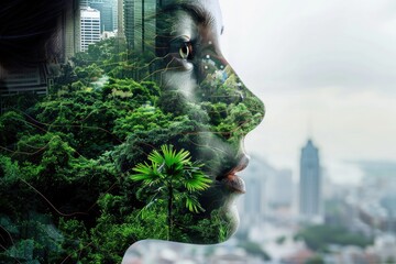 Conceptual sdgs image that blends elements of city life, nature, and environmental sustainability into the human face. Sustainable environmental in urban living.  - obrazy, fototapety, plakaty